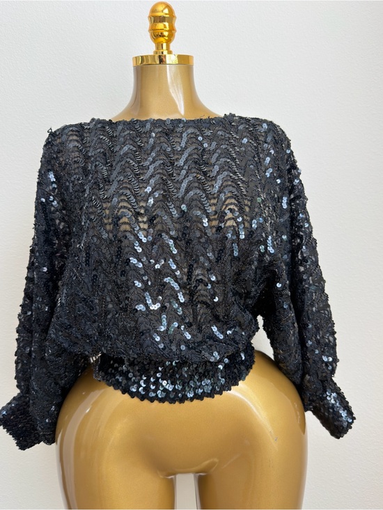 Tops - Black Sequin Long Sleeve Crop Top